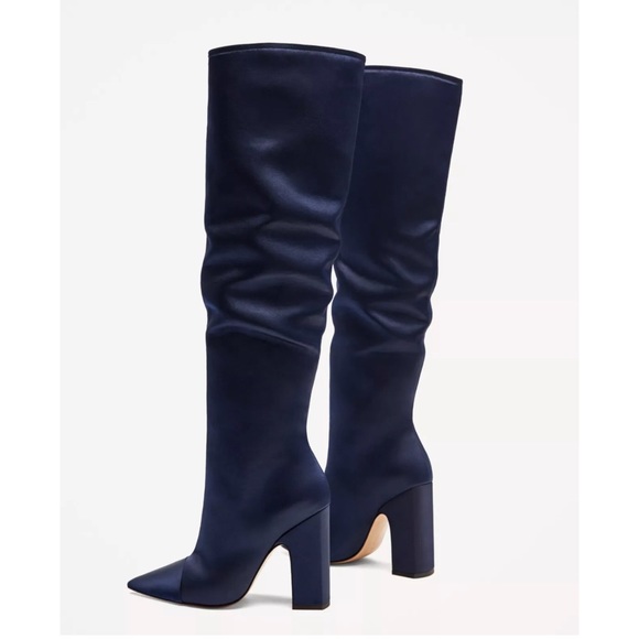 NWT ZARA NAVY BLUE SATEEN HIGH HEEL BOOTS - Picture 2 of 8
